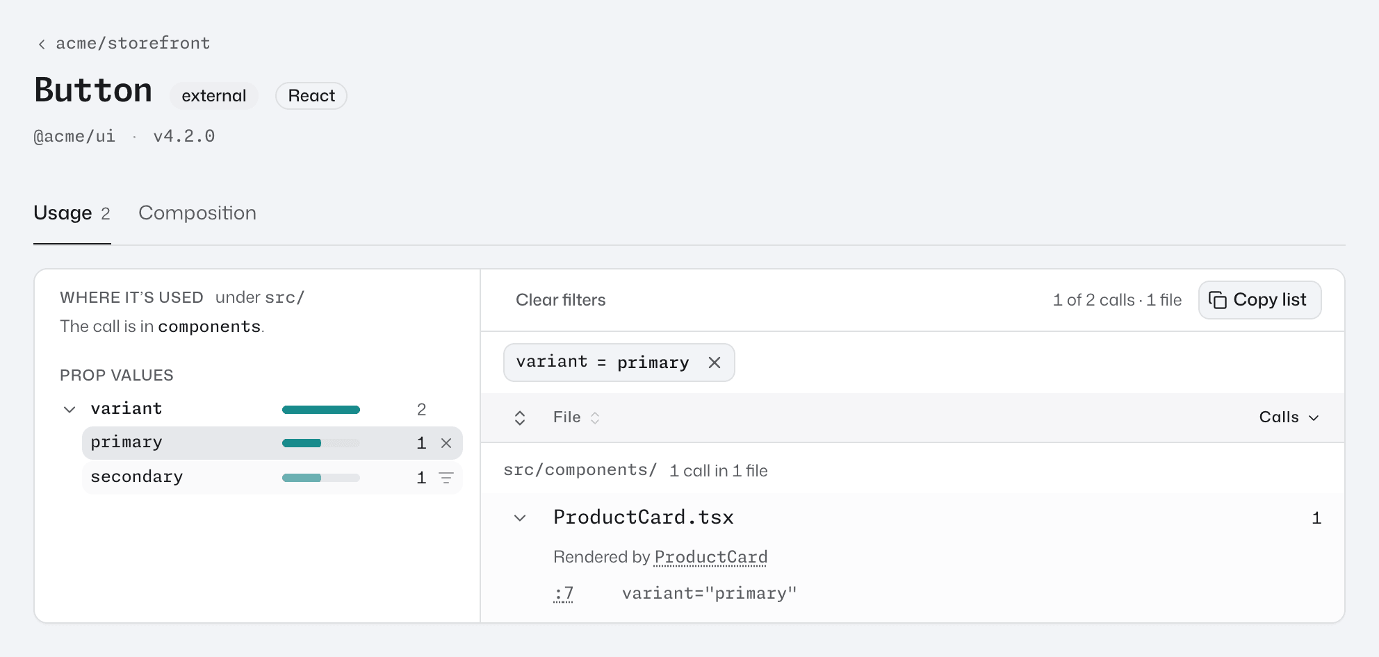 The Button component page's Usage tab, with primary picked under variant, the variant = primary pill, and ProductCard.tsx open on line 7