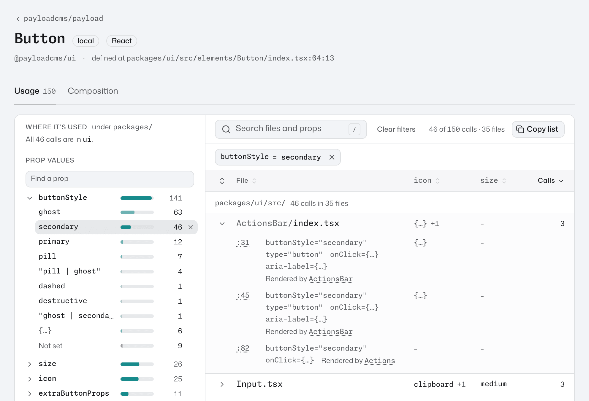 The Usage tab for Button in payloadcms/payload, with secondary picked under buttonStyle, its pill above the file list, and one file open to its calls with Rendered by