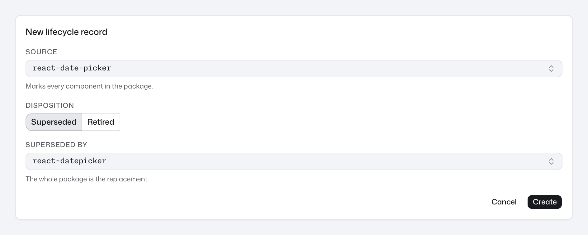 The New lifecycle record form with react-date-picker as the source, Superseded selected, and react-datepicker as the replacement