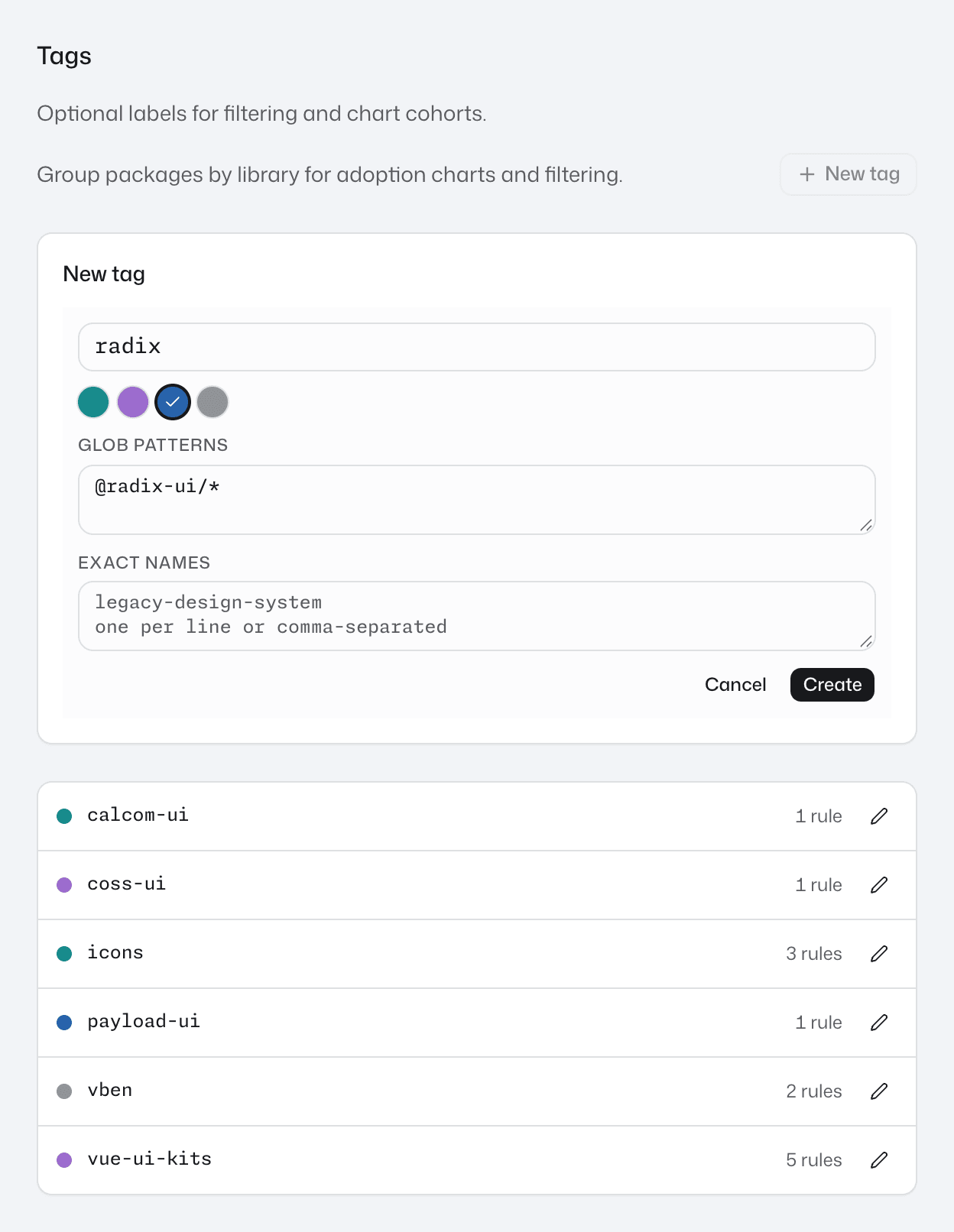 The Tags section of the governance page, with the New tag form open for a radix tag with the glob pattern @radix-ui/* and six tags listed below